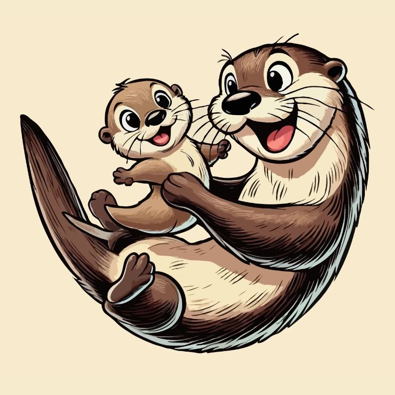Fischotter-Mutter mit herumtollendem Kind