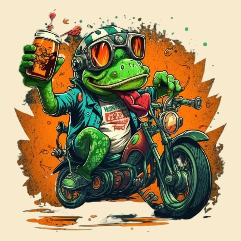 Frosch mit Bier auf Motorrad