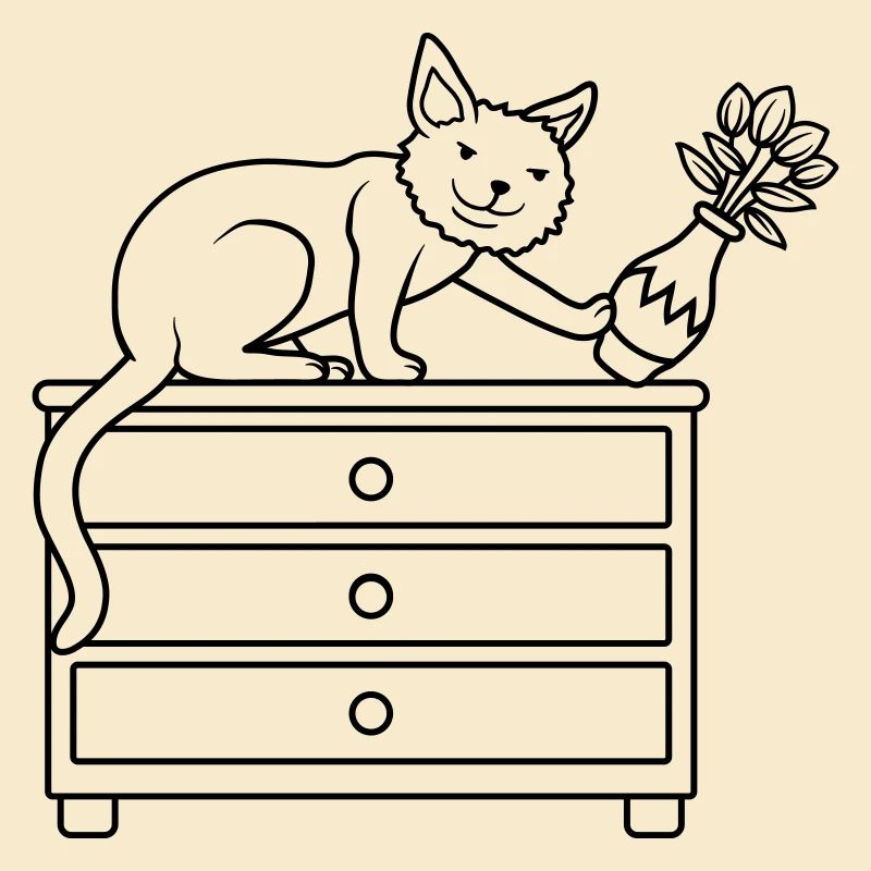 Vase à fleurs renversé sur un chat maléfique