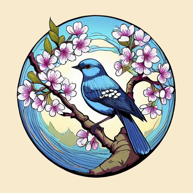 Blauer Vogel auf einem Kirschblütenzweig