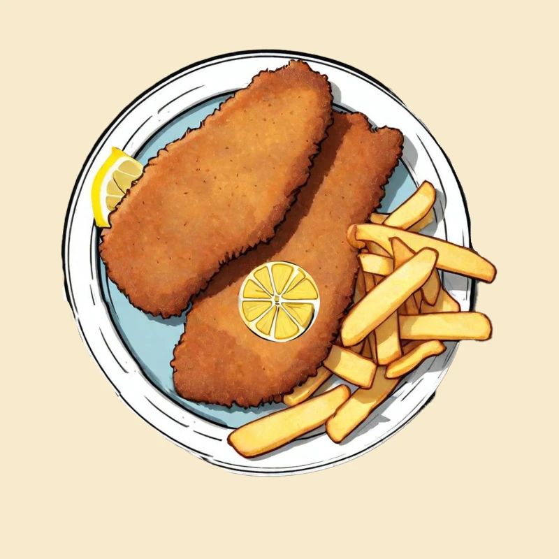 Schnitzel mit Pommes und einem Scheibchen Zitrone