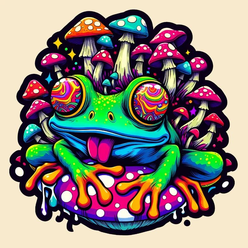 Psychedelic frog with mushrooms