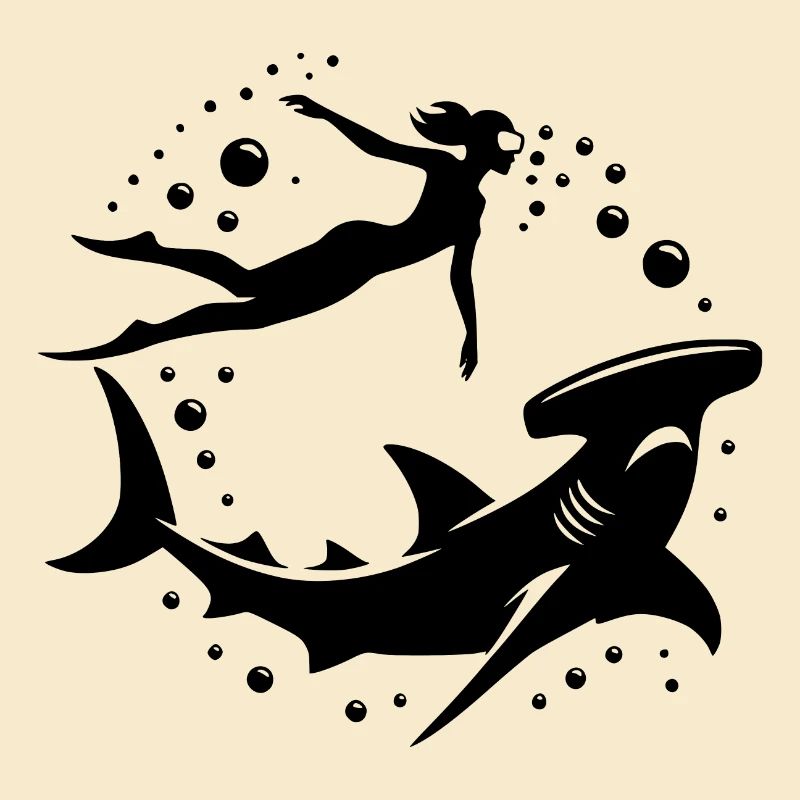 Hammerhead shark and diver floating underwater