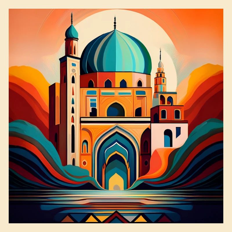 Artistic Mosque Under Sunset: Bold Islamic Design