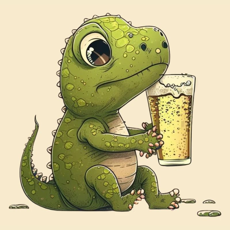 Mignon petit bébé dino avec de la bière