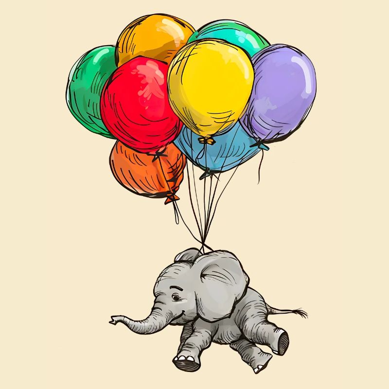 Elefant schwebt mit Bunten Luftballons