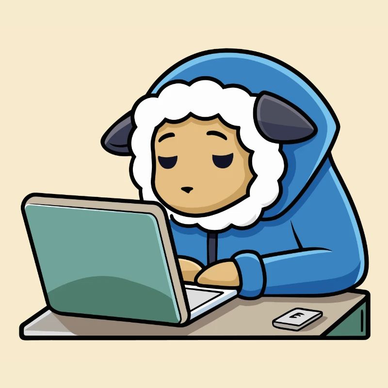 Un mignon mouton hacker dort dans un sweat à capuche devant le PC