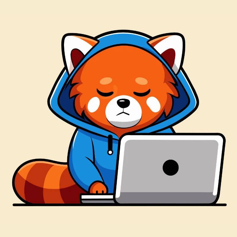 Mignon hacker panda roux en sweat à capuche devant PC