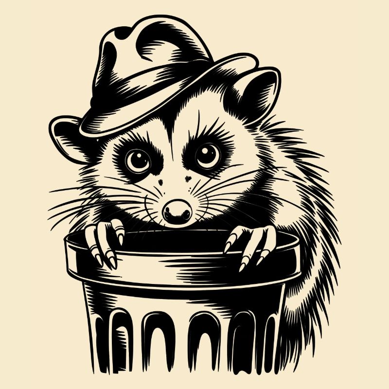 Cool possum with hat and garbage can