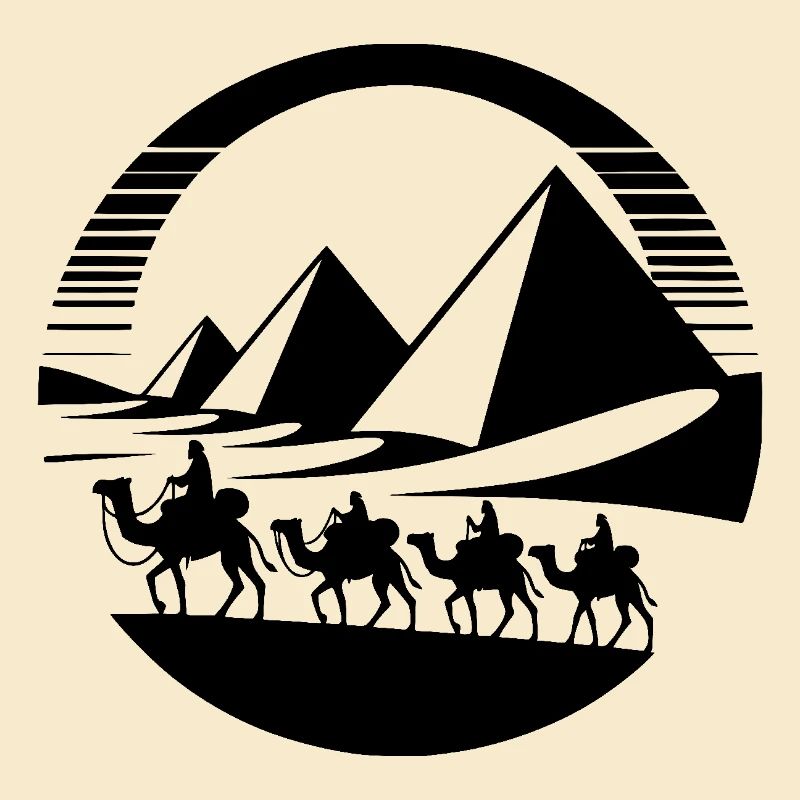 Desert caravan with pyramids in the background