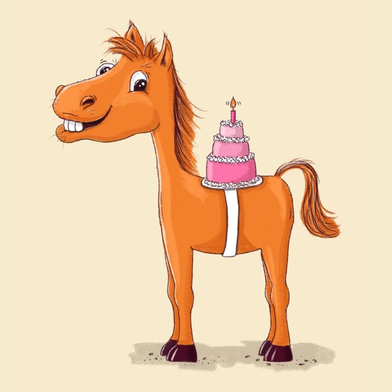Pferd oder Pony mit Geburtstagstorte