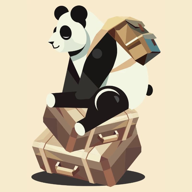 Panda sitting on suitcases, ready for new adventures