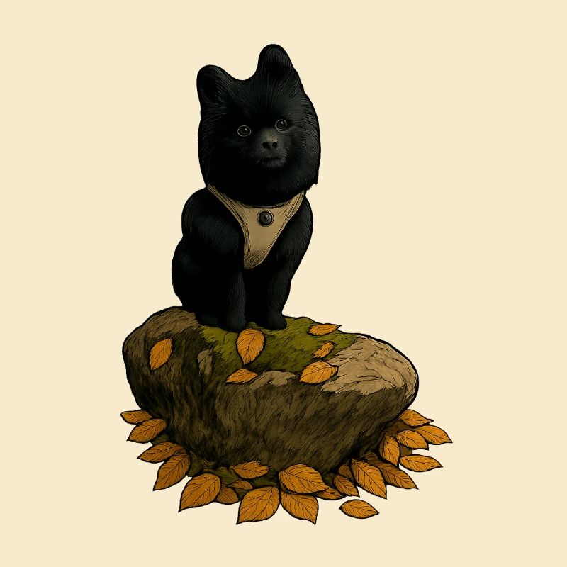 Schwarzer Spitz Hund auf Baumstamm
