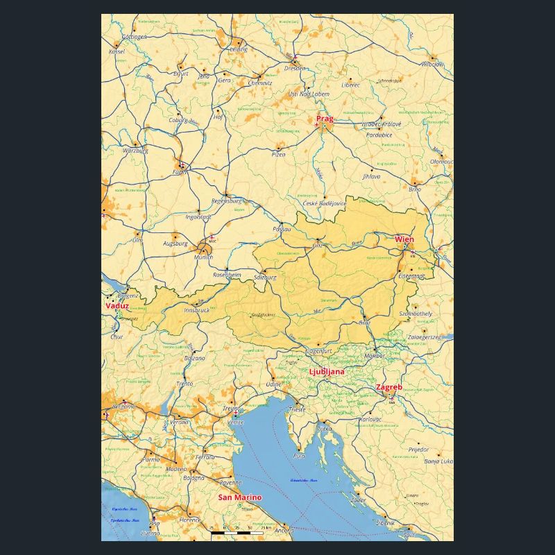 Austria map with cities, roads, rivers, lakes