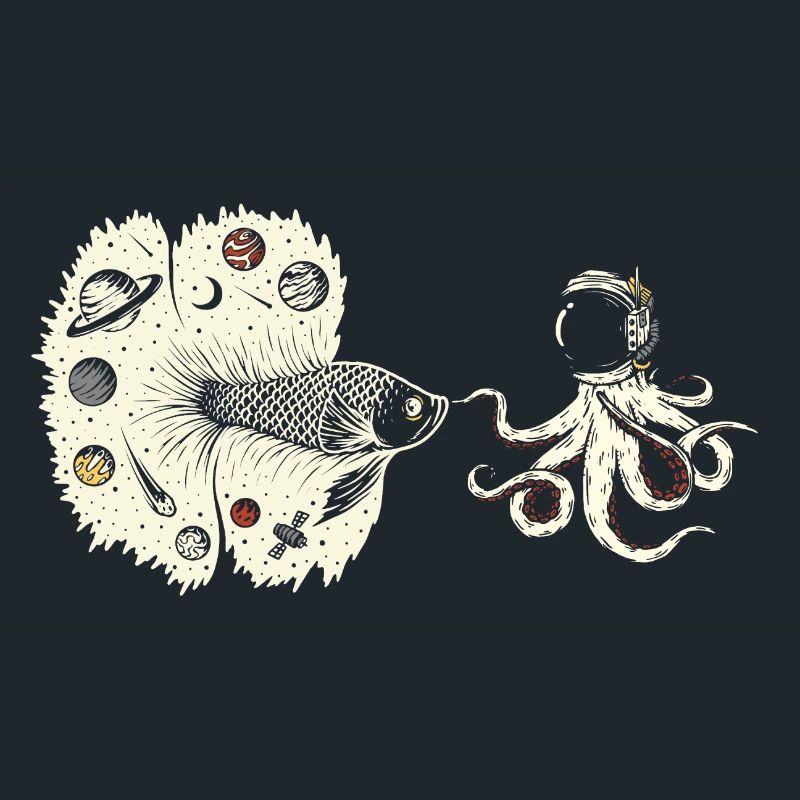 Octopus meets cosmos fighting fish in space