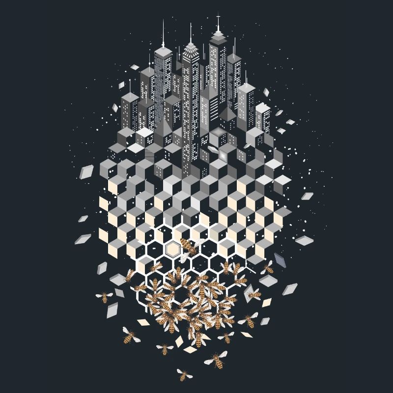 Skyline with bees and honeycombs
