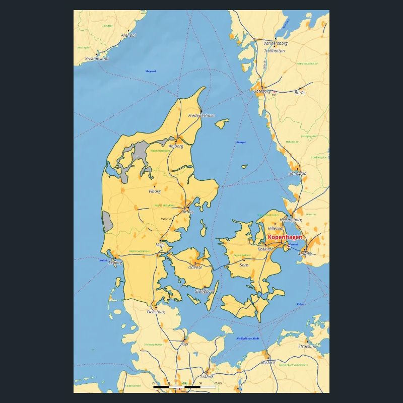 Denmark map with cities, roads, rivers, lakes