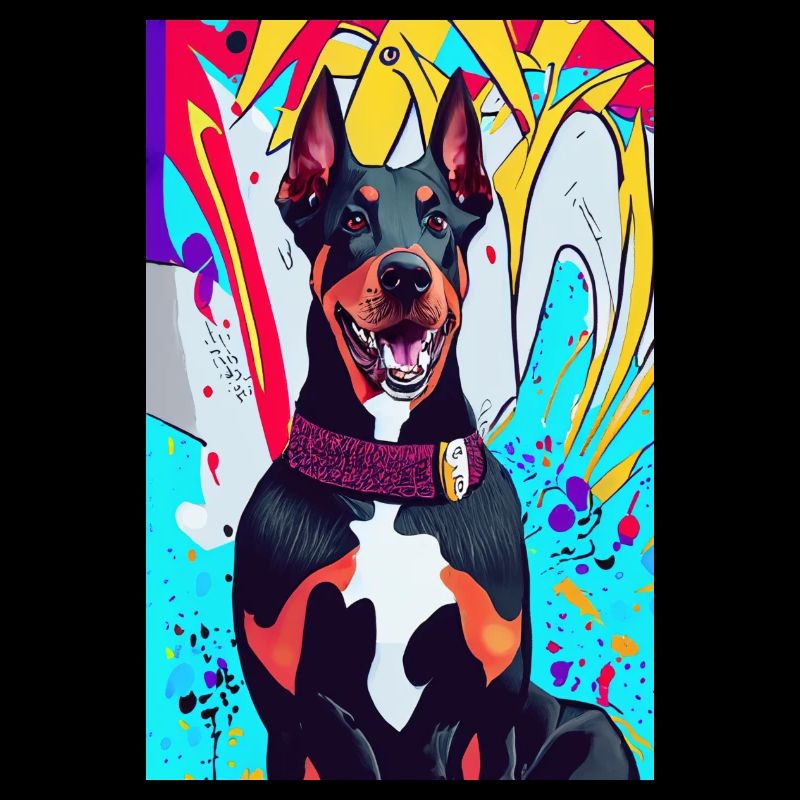 Modernes Print mit Dobermann, bunter Hintergrund