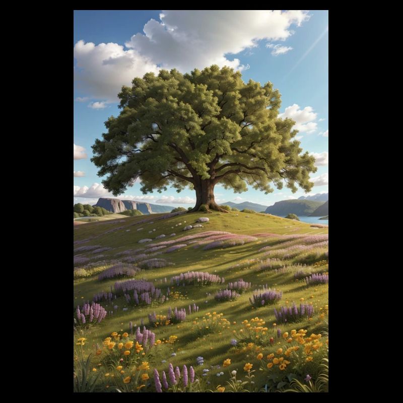 Chêne sur prairie de fleurs sauvages
