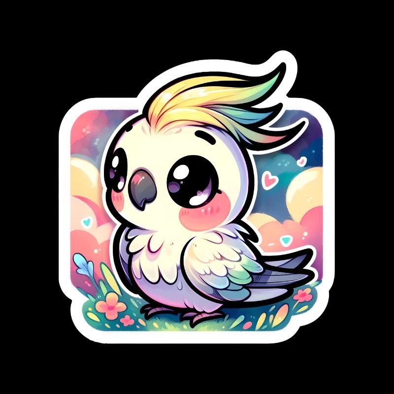 Ein niedlicher Chibi-Nymphensittich in einer farbenfrohen Landschaft