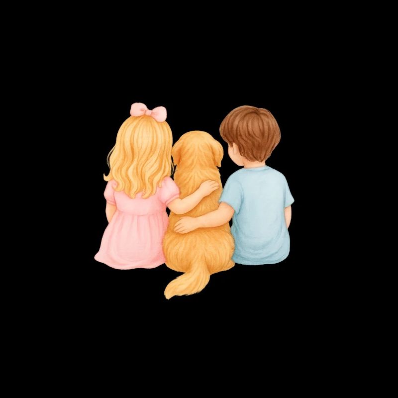 Zwei Kinder mit Golden Retriever –Junge Mädchen