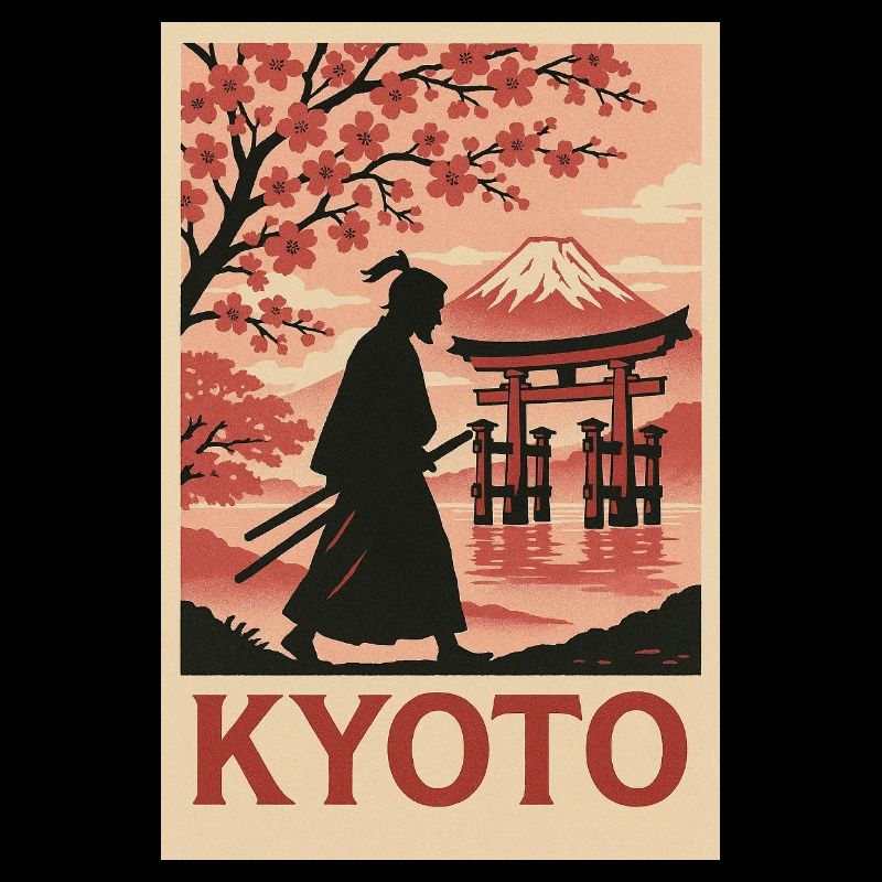 Silhouette de samouraï de Kyoto et de cerisiers en fleurs