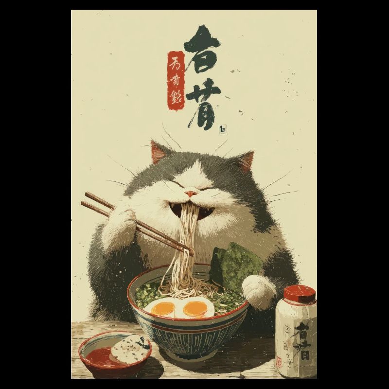 Le chat heureux adore les ramen