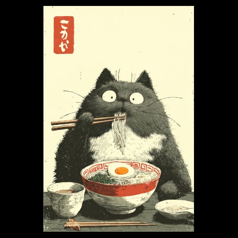 Wide-Eyed Cat Slurping Ramen