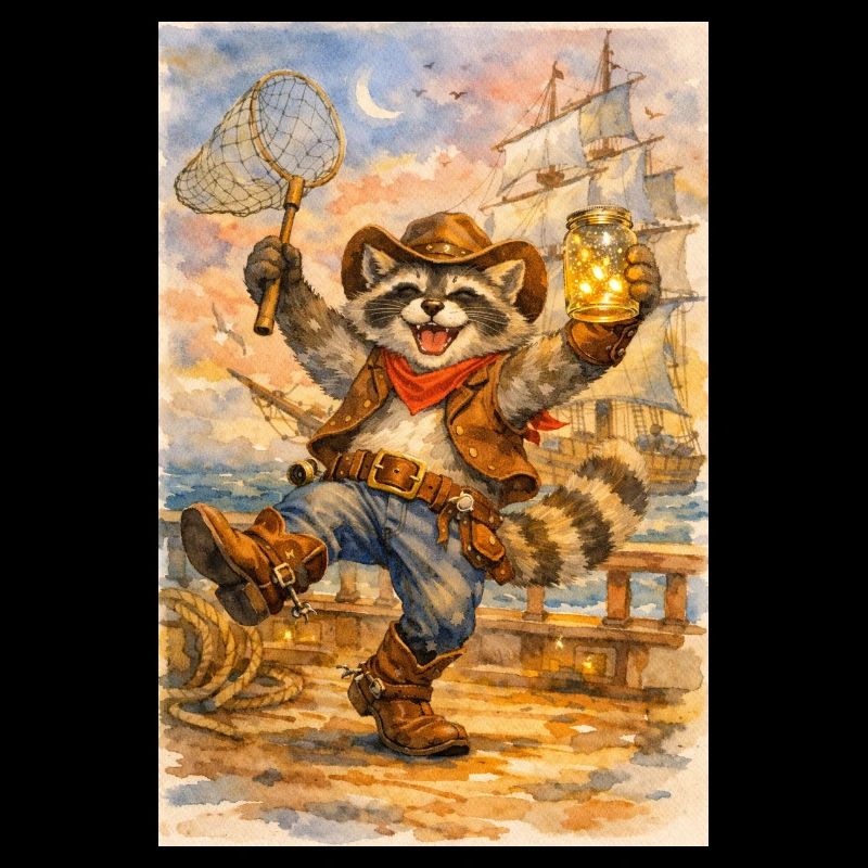 Waschbär-Cowboy mit Glühwürmchenglas