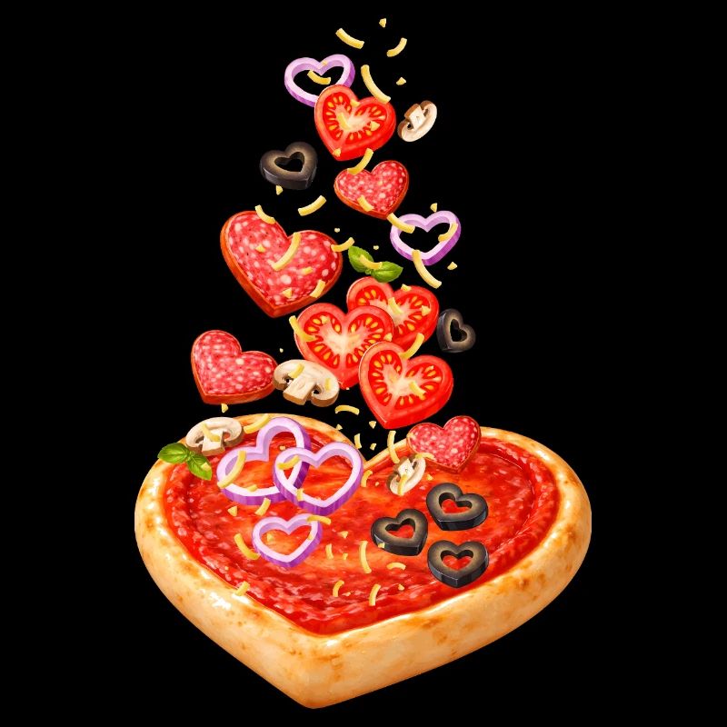Pizza in heart shape with salami illustration