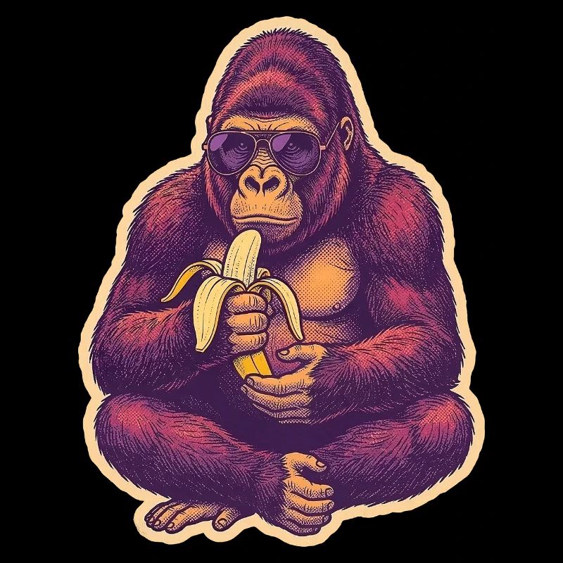 Gorille avec des lunettes de soleil mangeant une banane