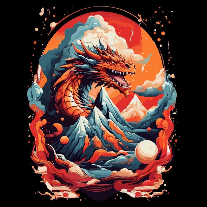 DRAGON BETWEEN MOUNTAINS & LAVA & FIRE, RETRO