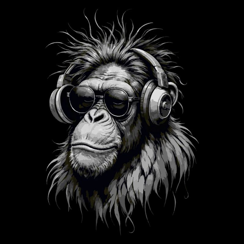 Cool Music Monkey avec casque - Niveaux de gris