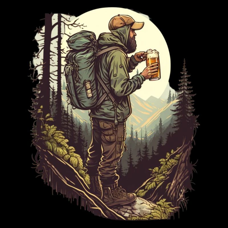 Wanderer in der Natur mit Bier bergen und Wald