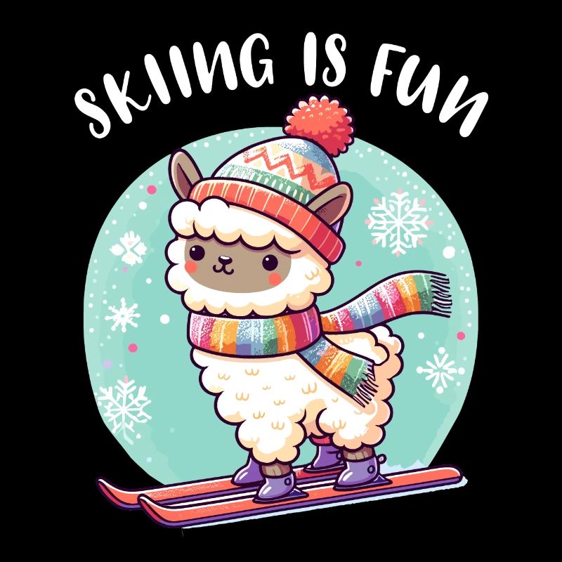 Cute llama with knitted hat skis funny