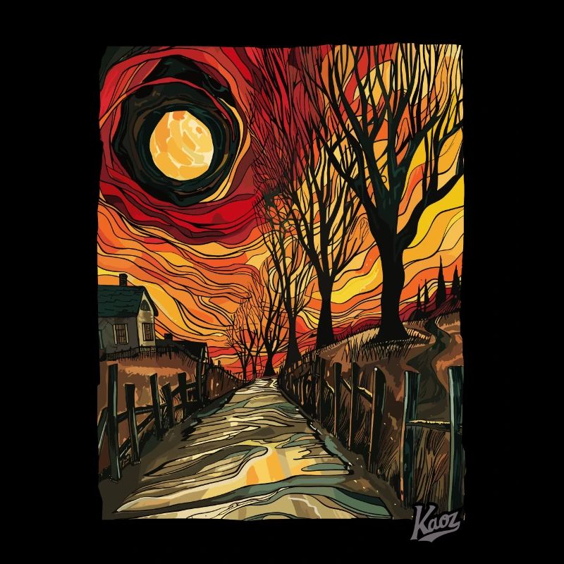 Peinture d’un chemin de terre avec du soleil