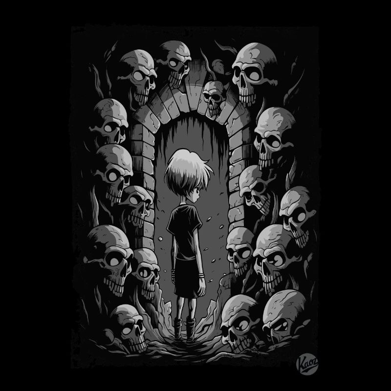 Garçon dans le donjon avec des crânes