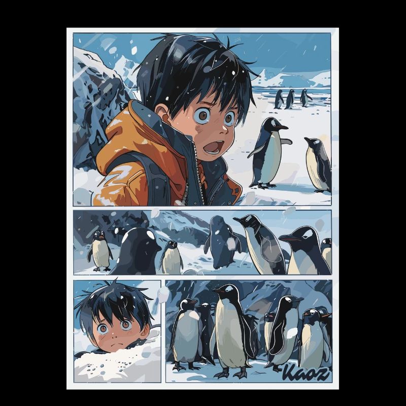 Verirrter Junge und Pinguine im Comic Stil