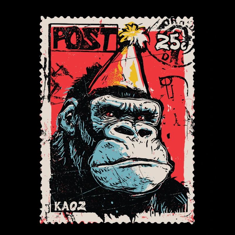 Gorille avec chapeau de fête sur un timbre-poste