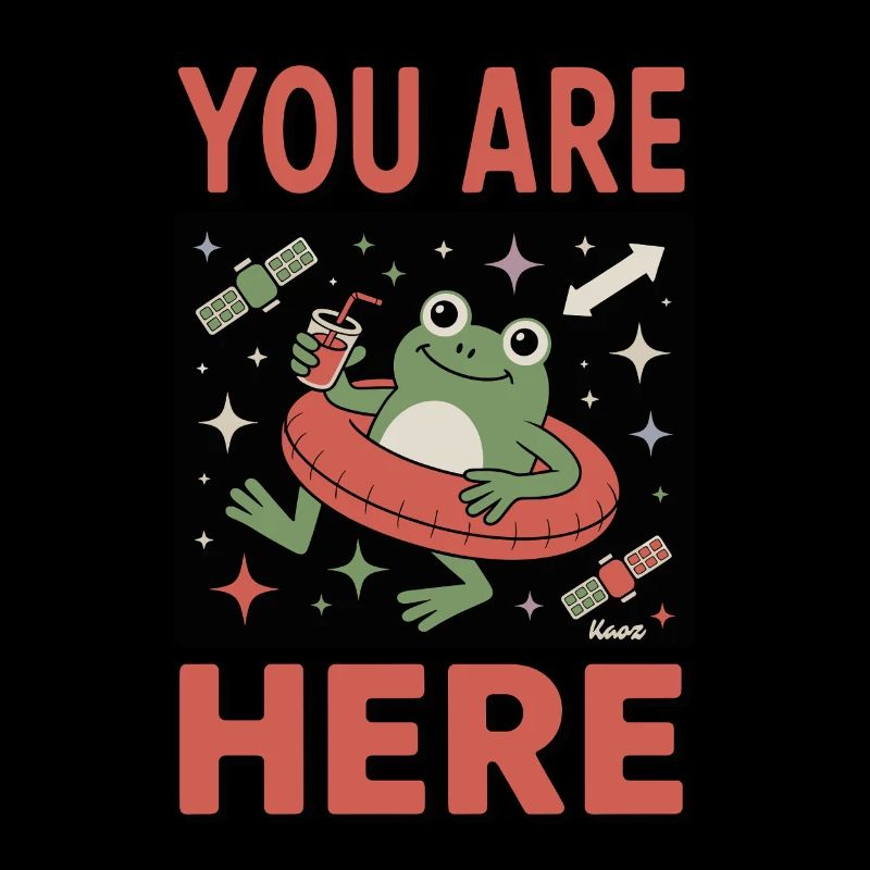 Frog in space with swimming ring and mug