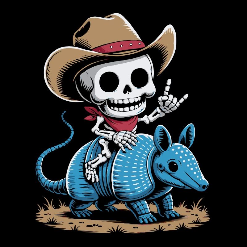 Skeleton cowboy riding blue armadillo