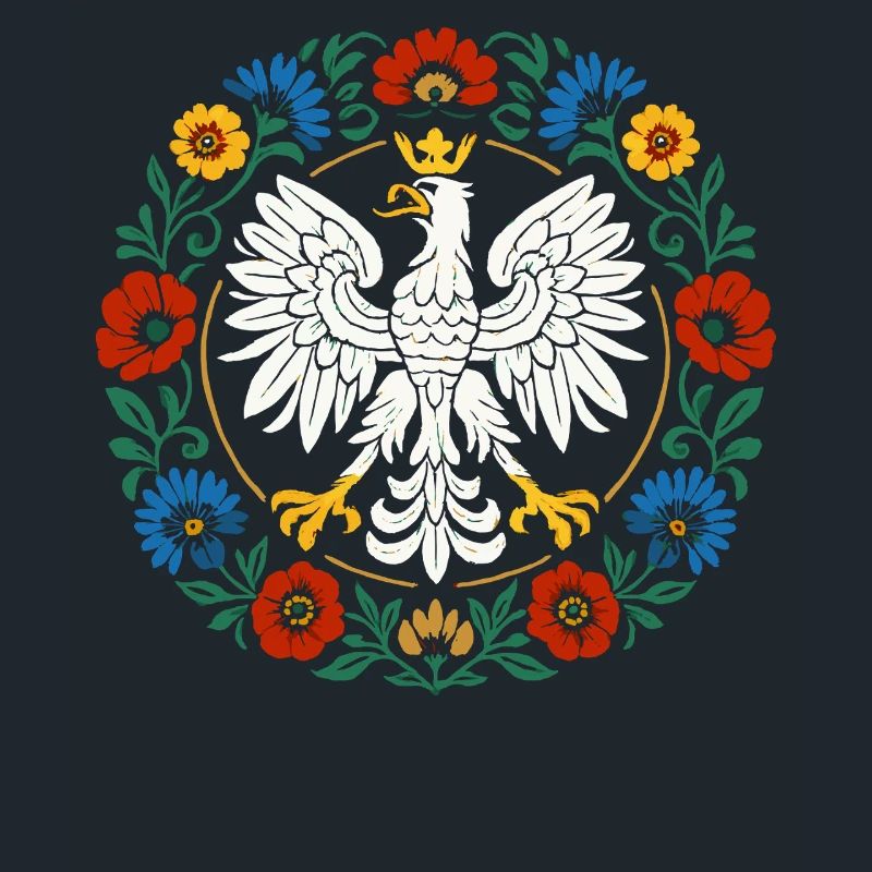 Polish Eagle Folk Emblem with Flowers