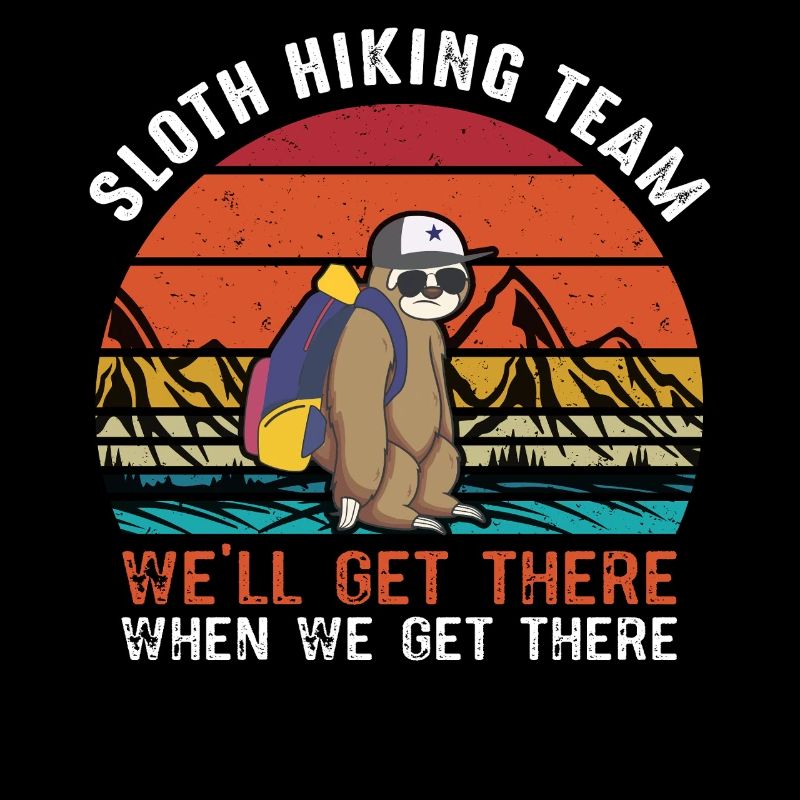 Sloth hiking team in retro sunset