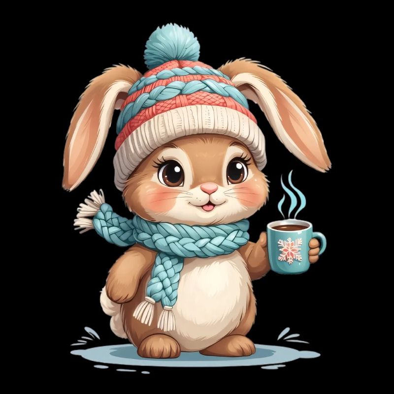 Lapin d’hiver avec écharpe et thé