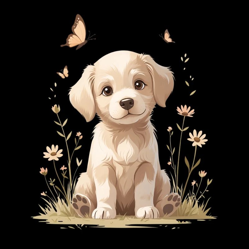 Chiot tendre sur la prairie fleurie