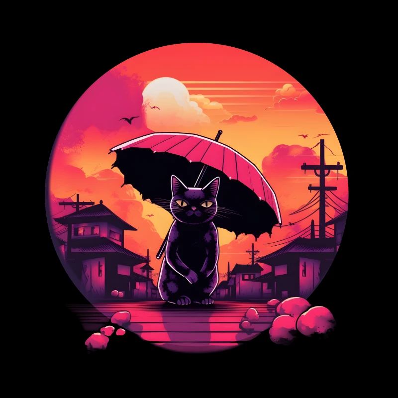 Synthwave japan Chat avec parapluie