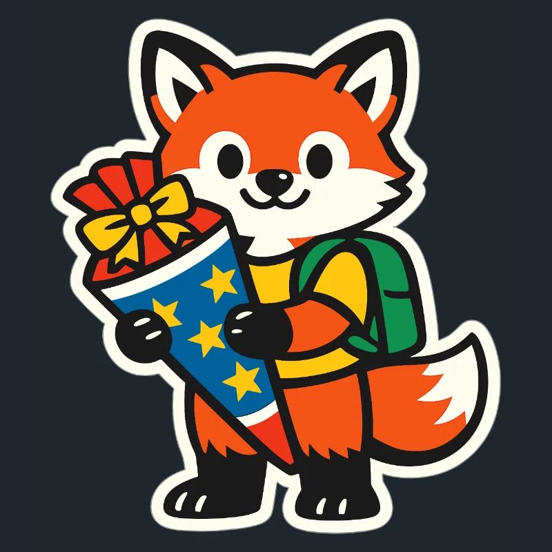 Fuchs mit Geschenk und Rucksack Einschulung