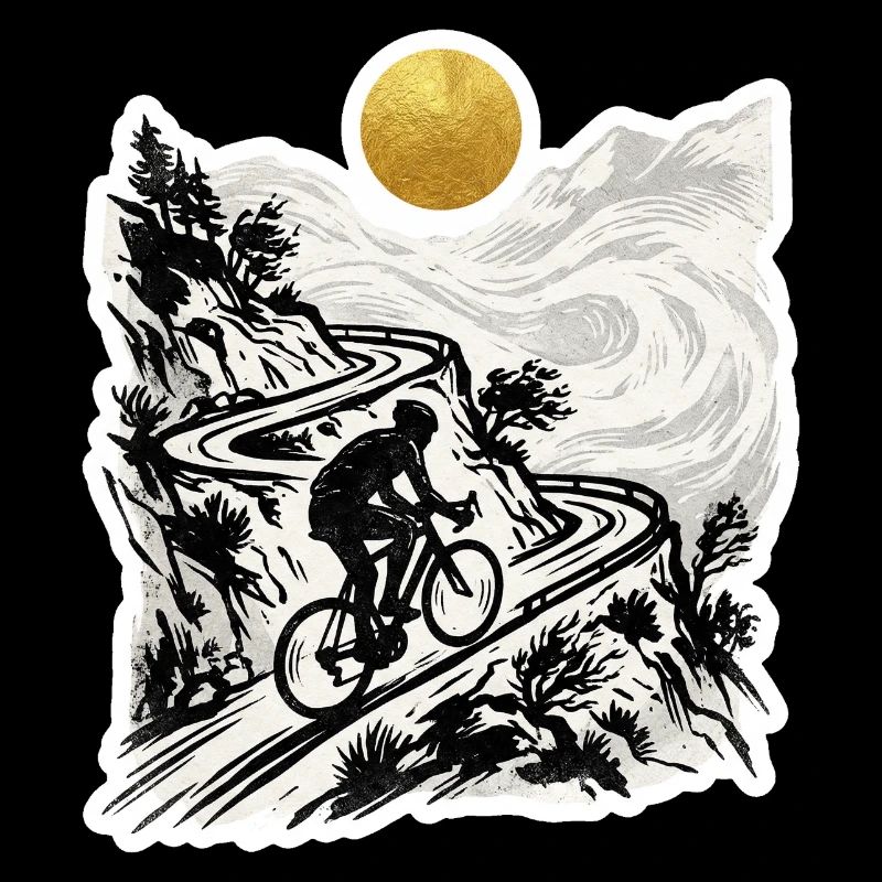 Radfahrer Bergpass Holzschnitt Goldsonne