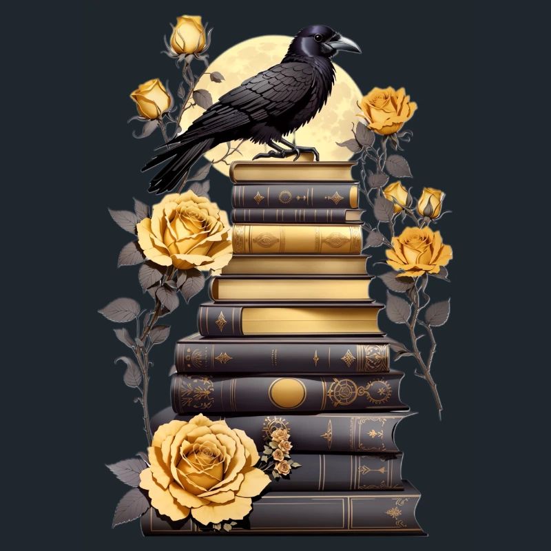 Stack of books with raven