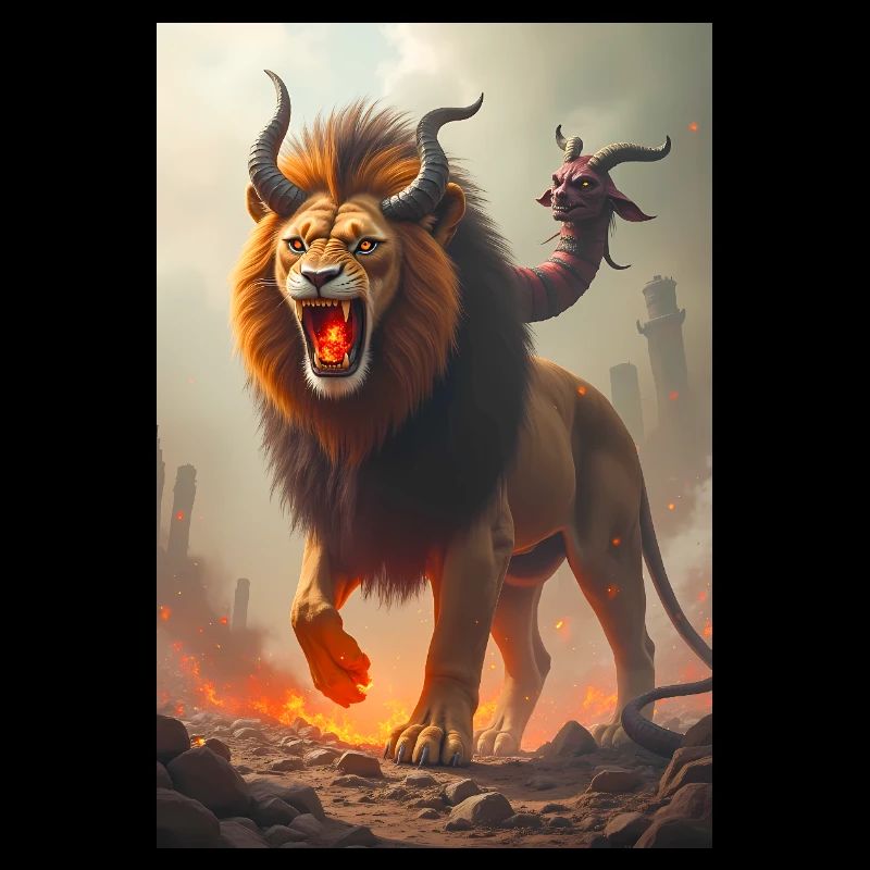 Chimäre, dreiköpfiges Monster, feuerspeiender Löwe